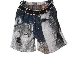 Wolf Print Tapestry Knit Shorts L Unisex Loungewear, Art Knit, Statement Piece